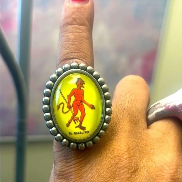 Unique El Diablito Ring with Yellow and Red Design, Adjustable - Picture 1 of 4